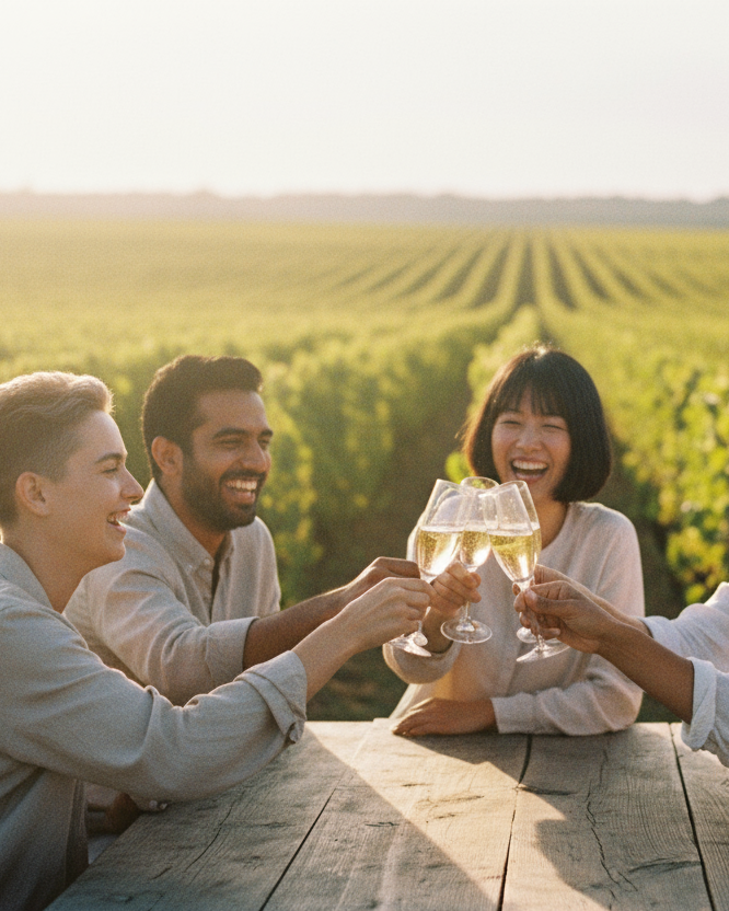 A lively group of friends gathered around a rustic table in a Champagne vineyard, laughing as they clink glasses of sparkling wine under the soft golden light of sunset. Gentle movement, natural smiles, linen shirts fluttering in the breeze, vineyards glowing behind them. Warm, poetic, elegant atmosphere — cinematic golden hour, documentary-style photo, authentic joy.
diversity : ethnicities, ages, gender