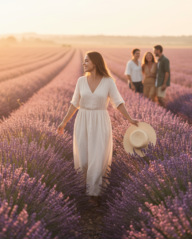 A woman walking slowly through lavender fields in France at sunrise, turning slightly toward her friends who are laughing nearby. The air glows with soft purple and peach light, a straw hat in her hand, and lavender swaying in the breeze. Calm yet full of life, poetic slow travel mood — natural light, dreamy and serene, gentle motion.